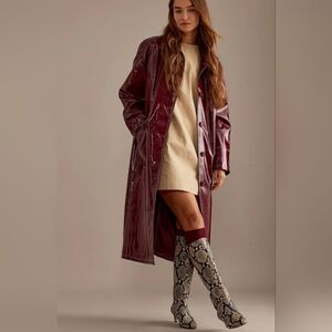 NWT Vigoss Burgundy Faux Patent Leather Double Breasted Trench Coat Size S